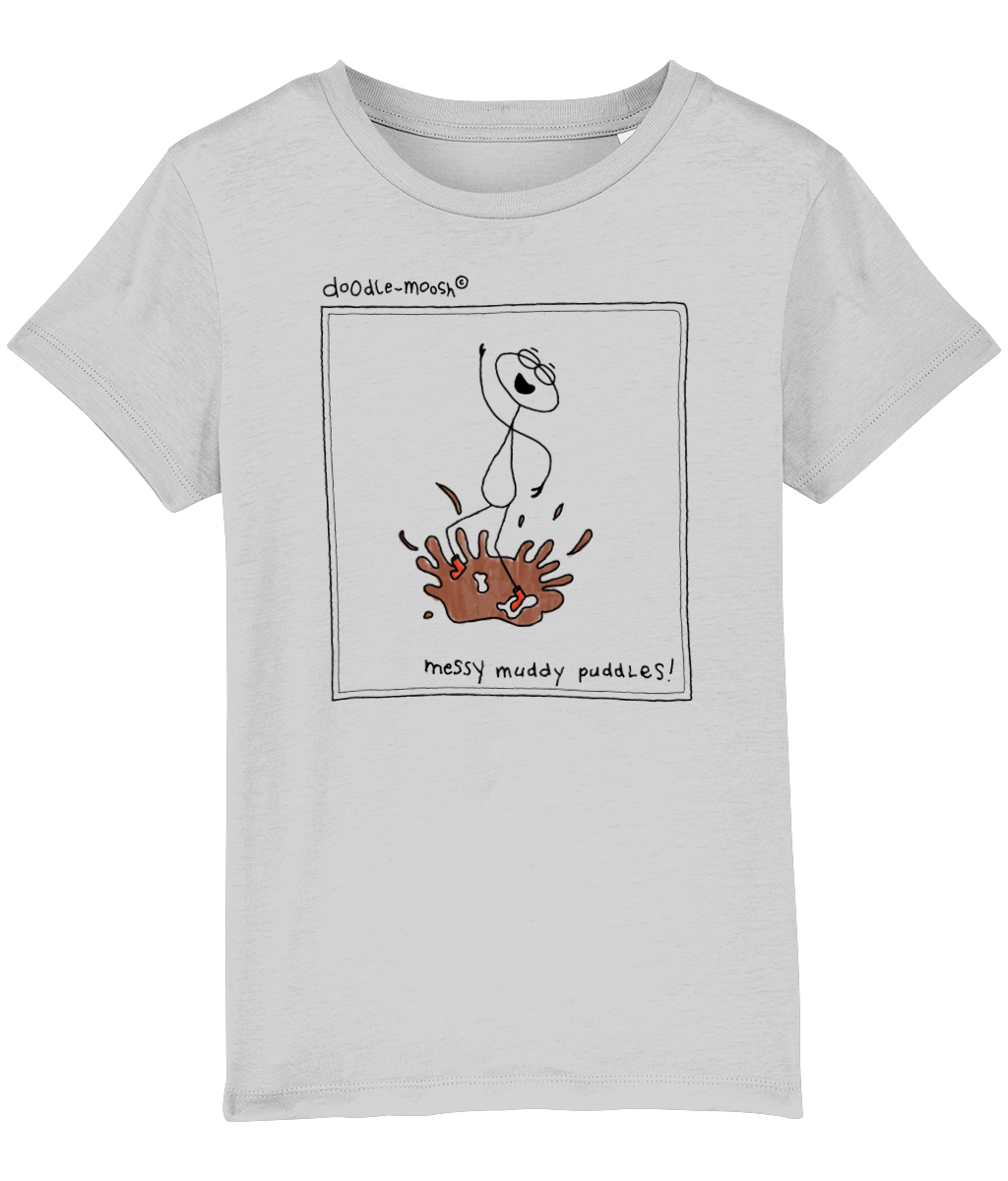 Messy muddy puddles t-shirt, grey with black, colourful drawings