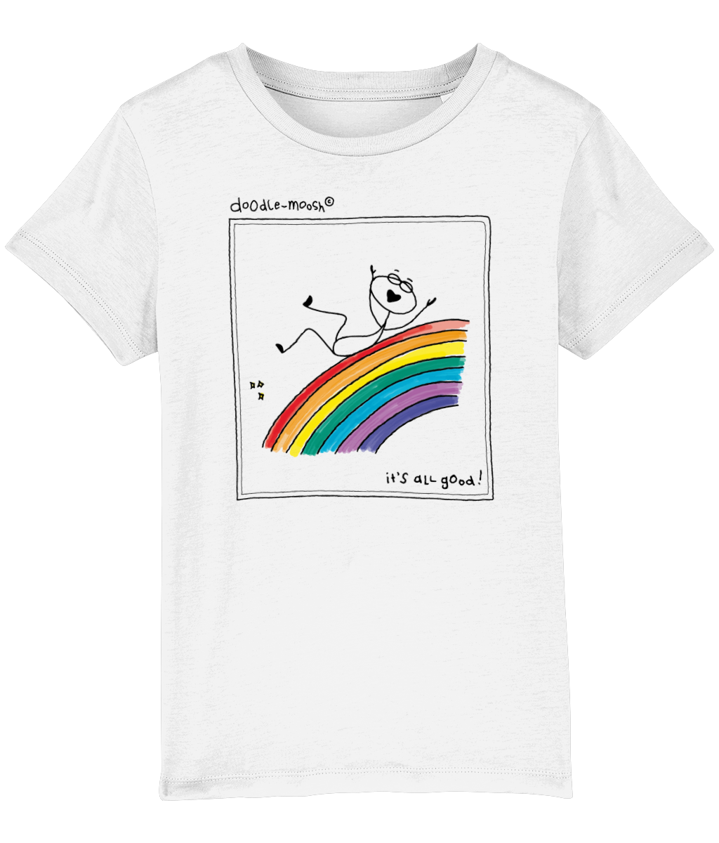 it's all good t-shirt, white with black, colored rainbow