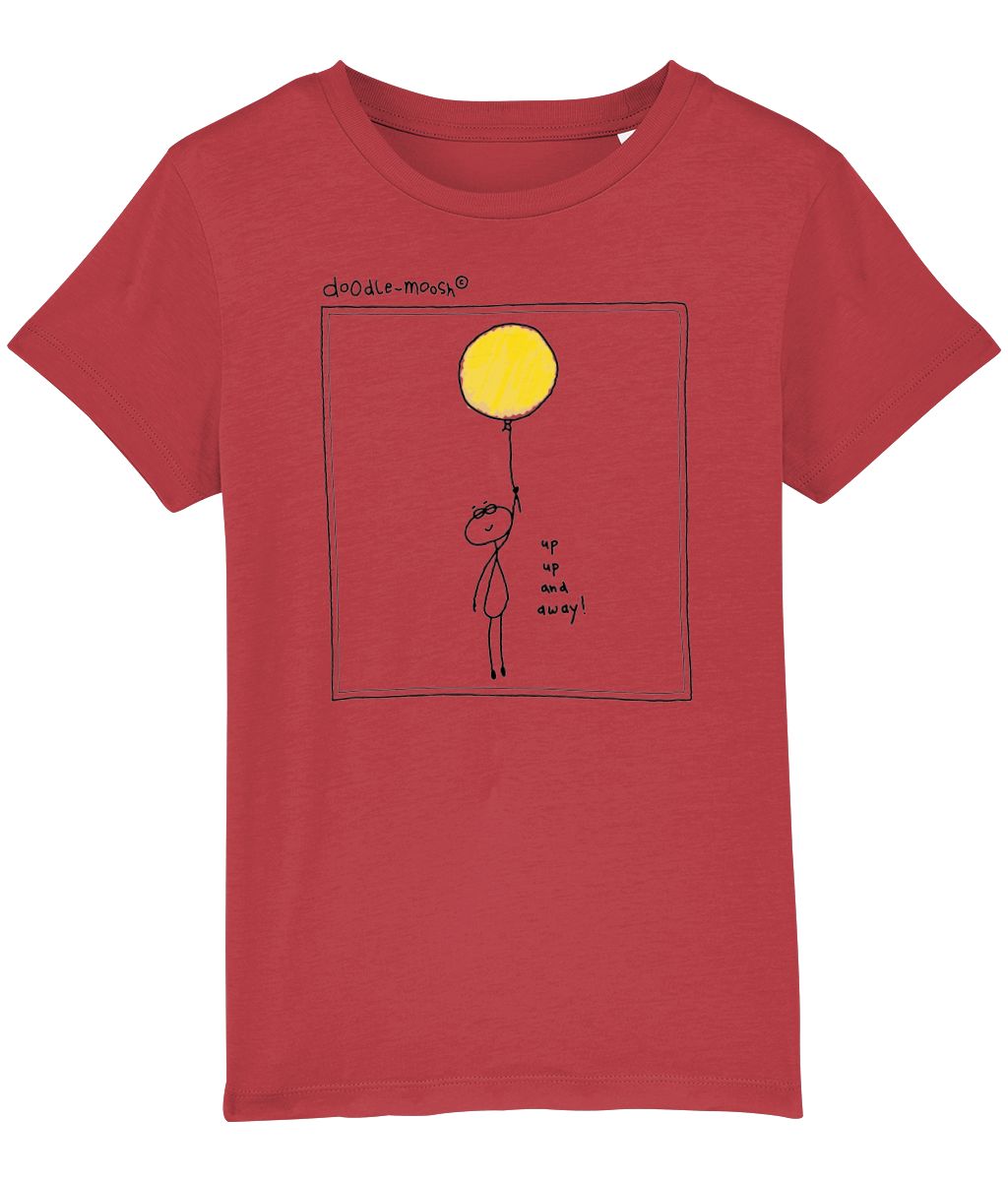 Up up and away t-shirt, red with black, colourful drawing