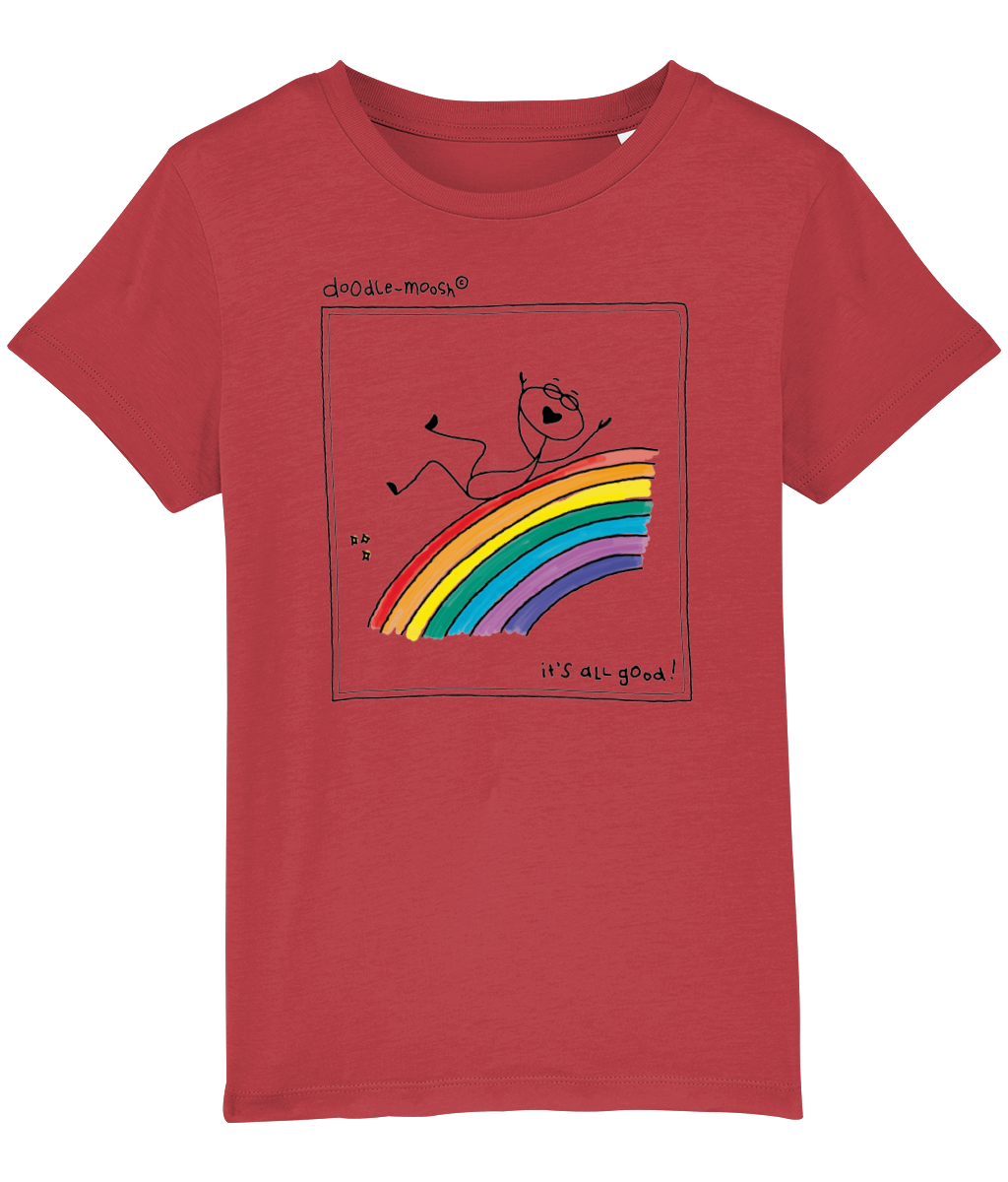 it's all good t-shirt, red with black, colored rainbow