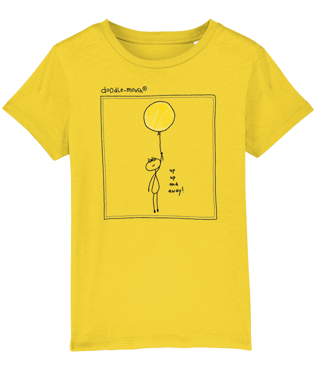 Up up and away t-shirt, yellow with black, colourful drawing