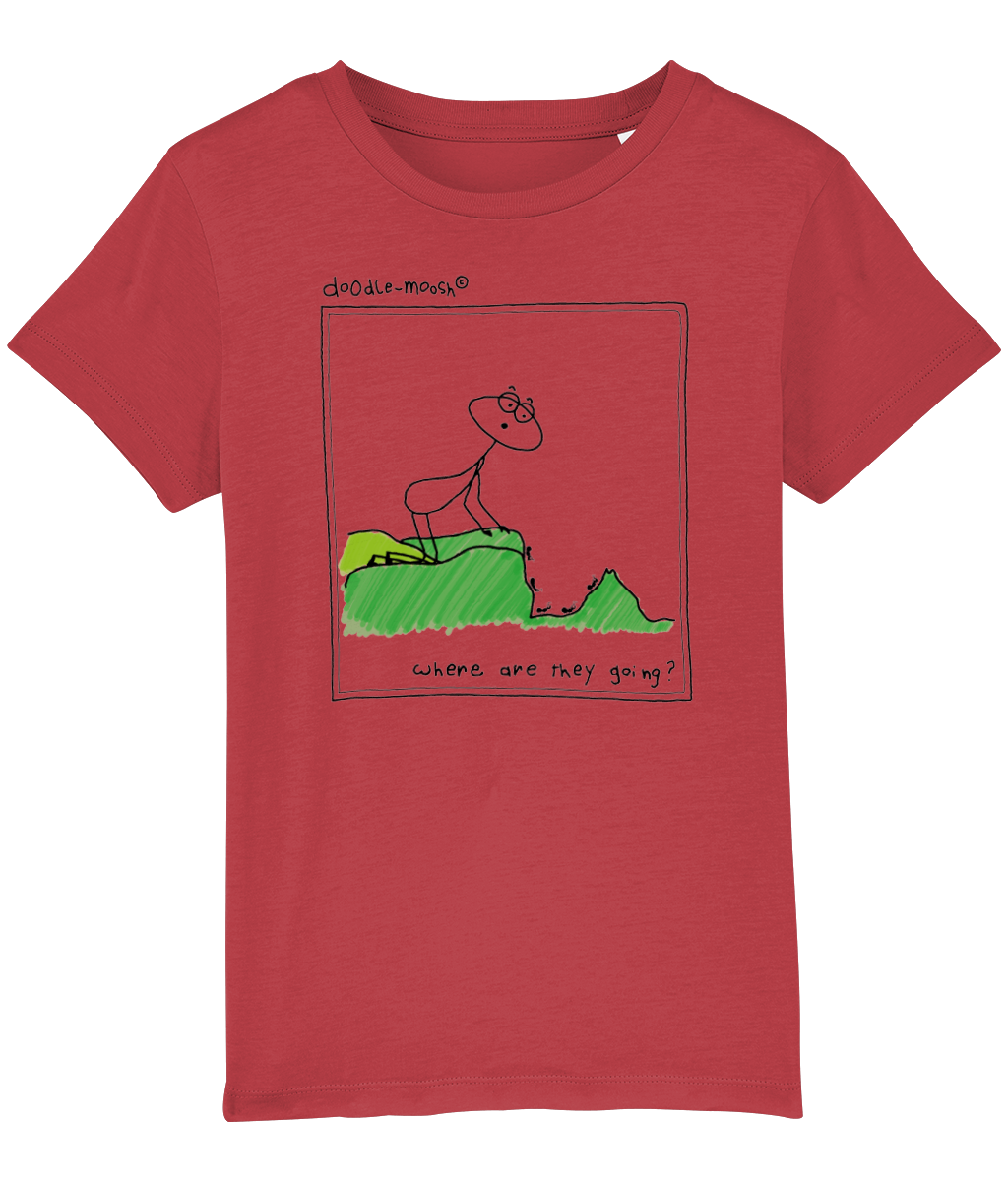 Where are they going t-shirt, red with black, colourful drawing