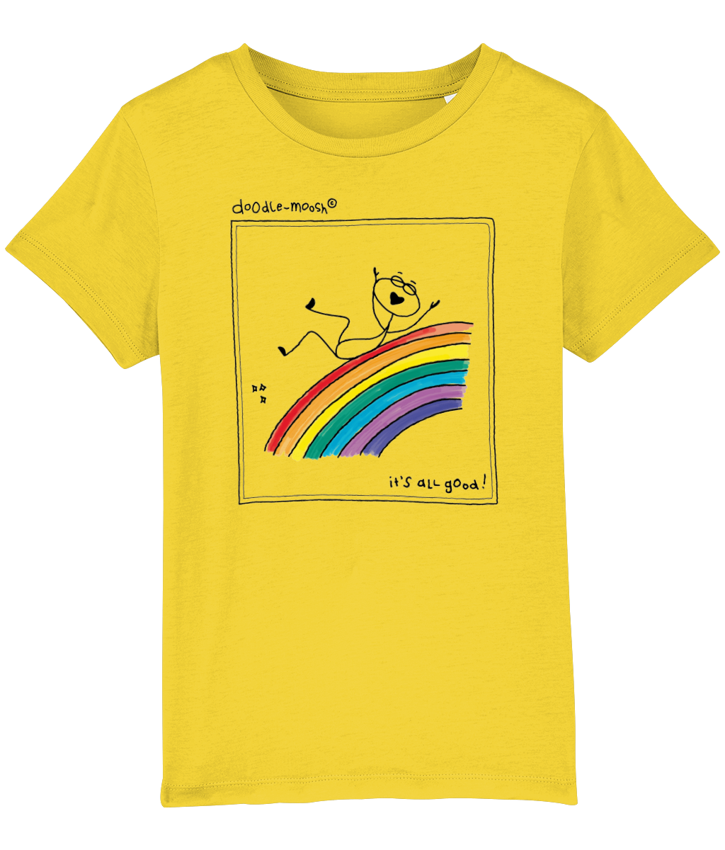 it's all good t-shirt, yellow with black, colored rainbow