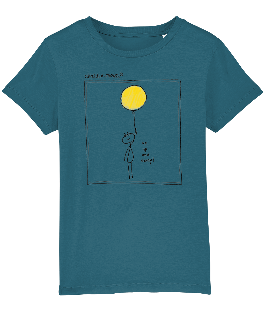 Up up and away t-shirt, blue with black, colourful drawing