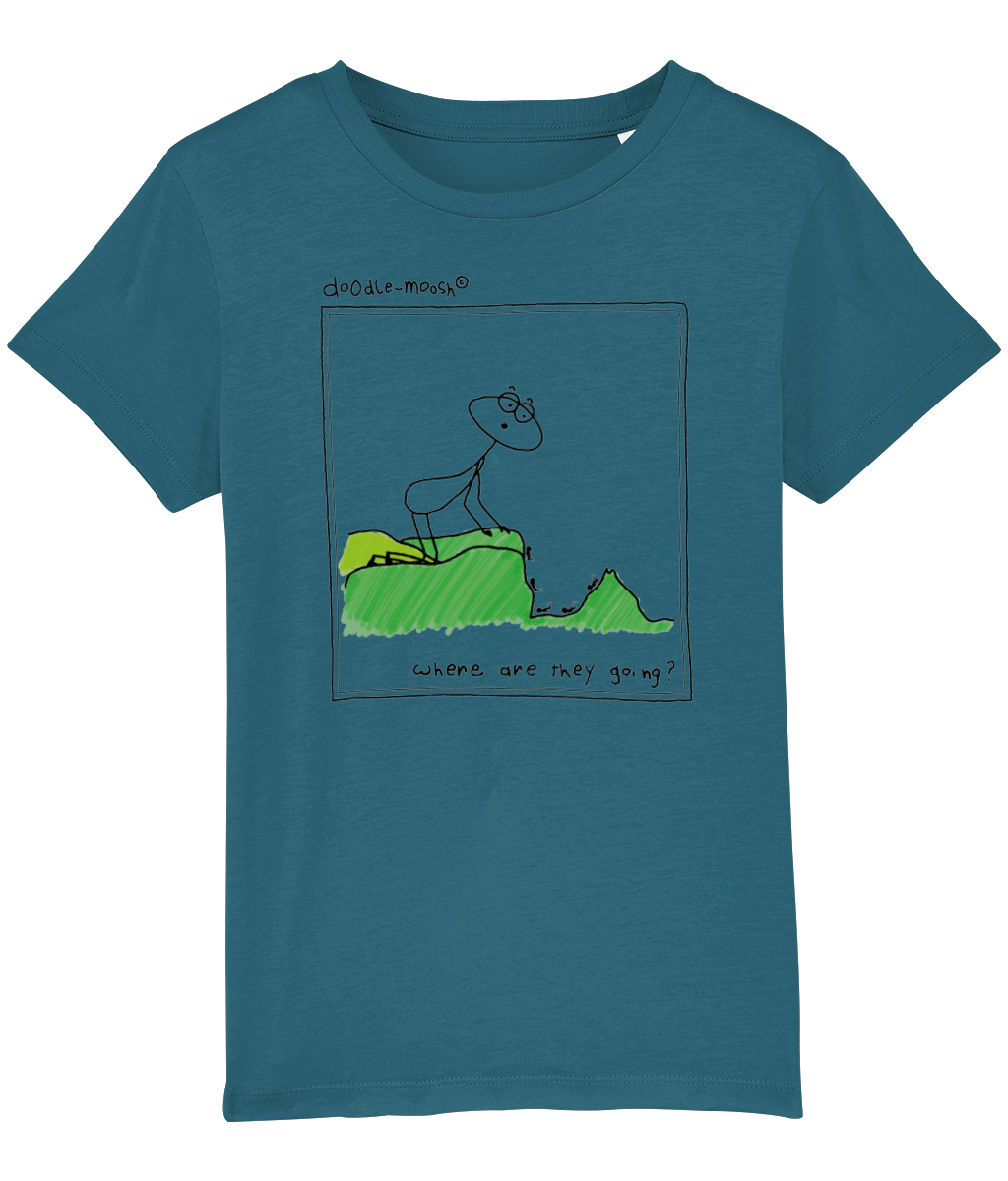 Where are they going t-shirt, blue with black, colourful drawing