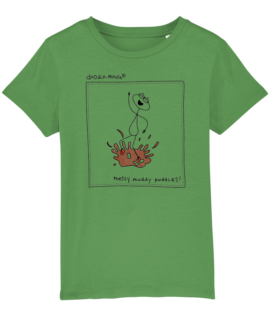 Messy muddy puddles t-shirt, green with black, colourful drawings