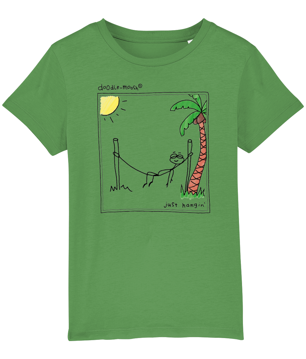 Just hanging t-shirt, green with black, colourful drawing