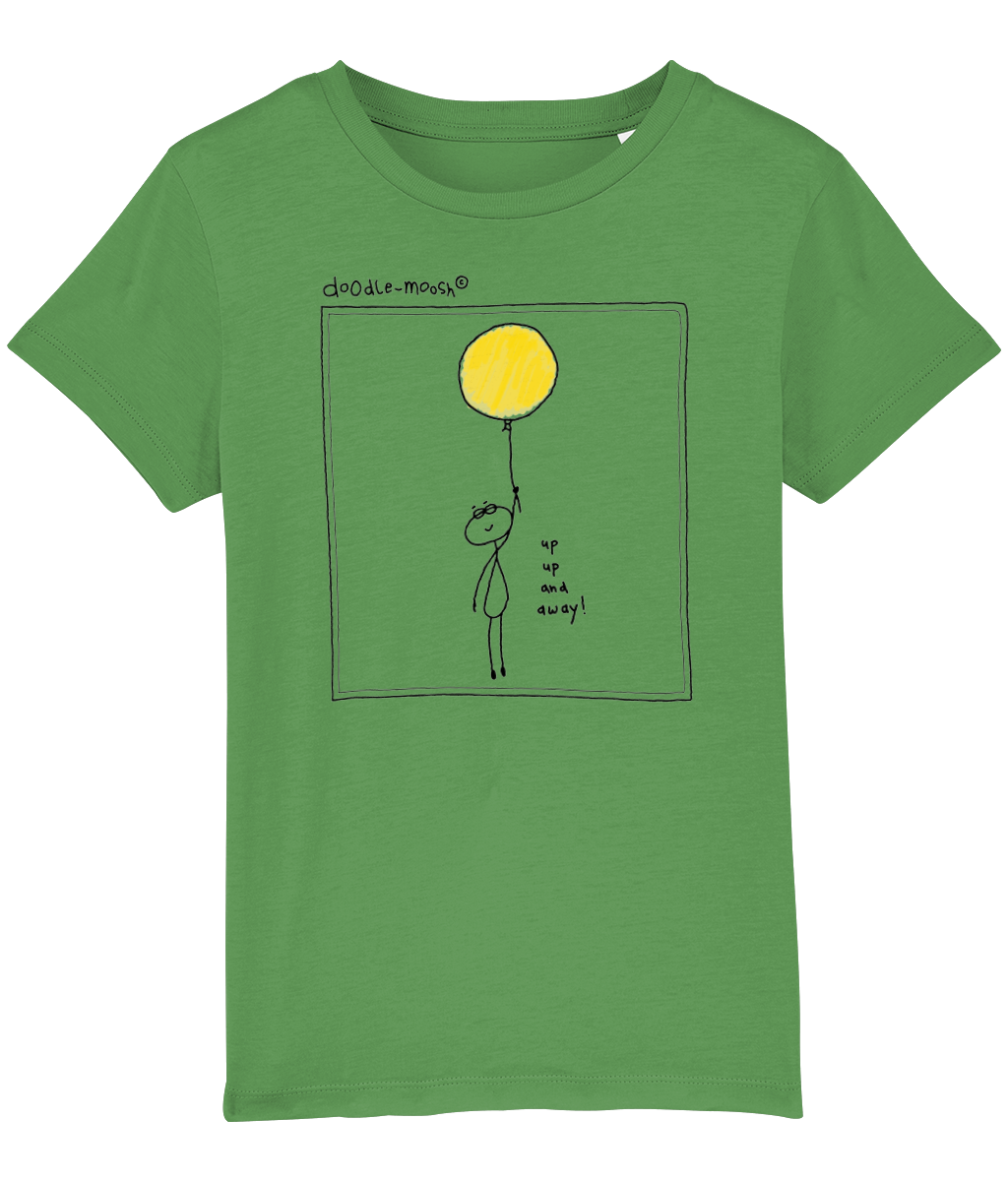 Up up and away t-shirt, green with black, colourful drawing