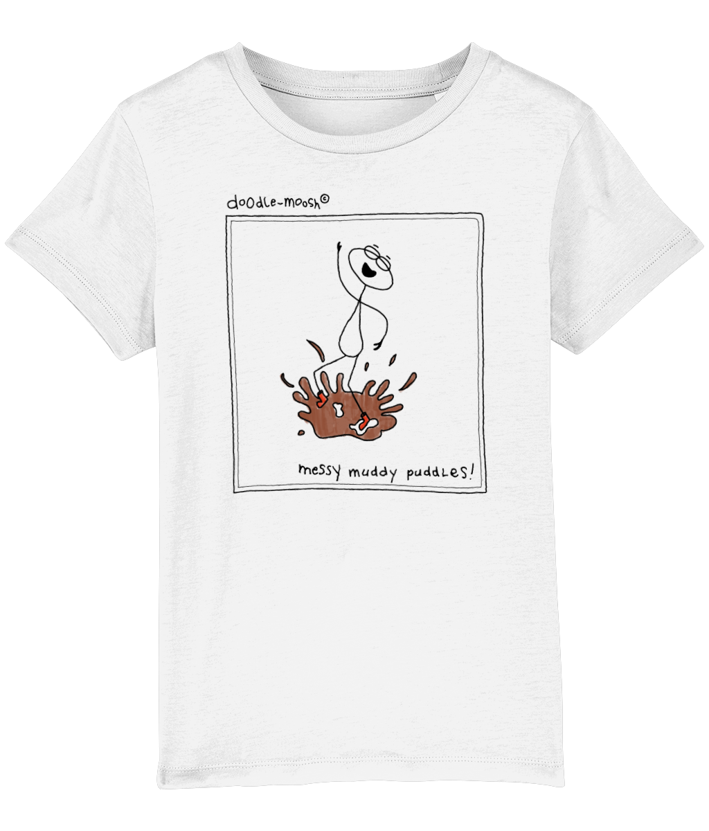 Messy muddy puddles t-shirt, white with black, colourful drawings