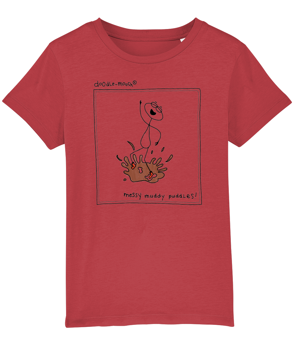 Messy muddy puddles t-shirt, red with black, colourful drawings