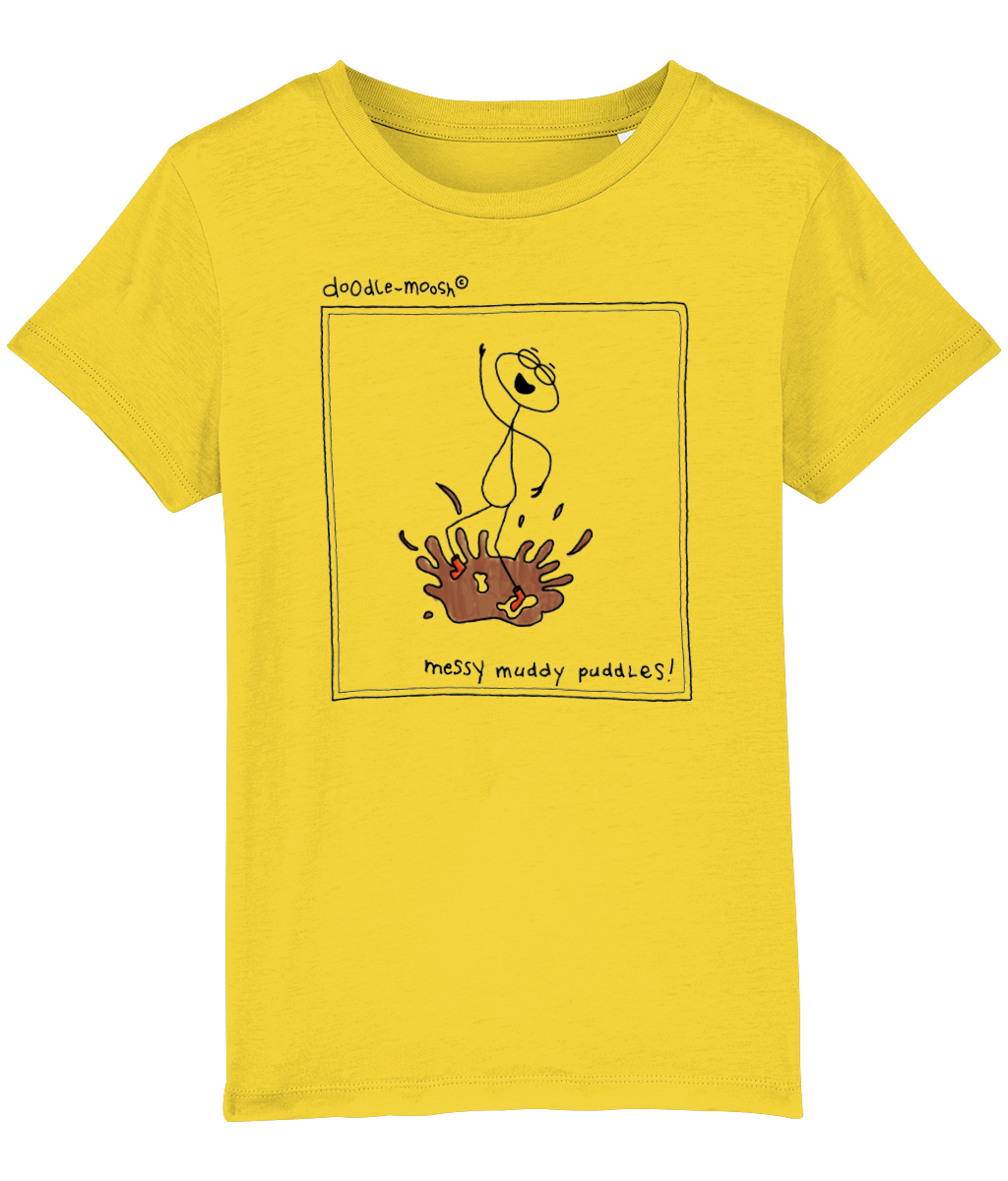 Messy muddy puddles t-shirt, yellow with black, colourful drawings