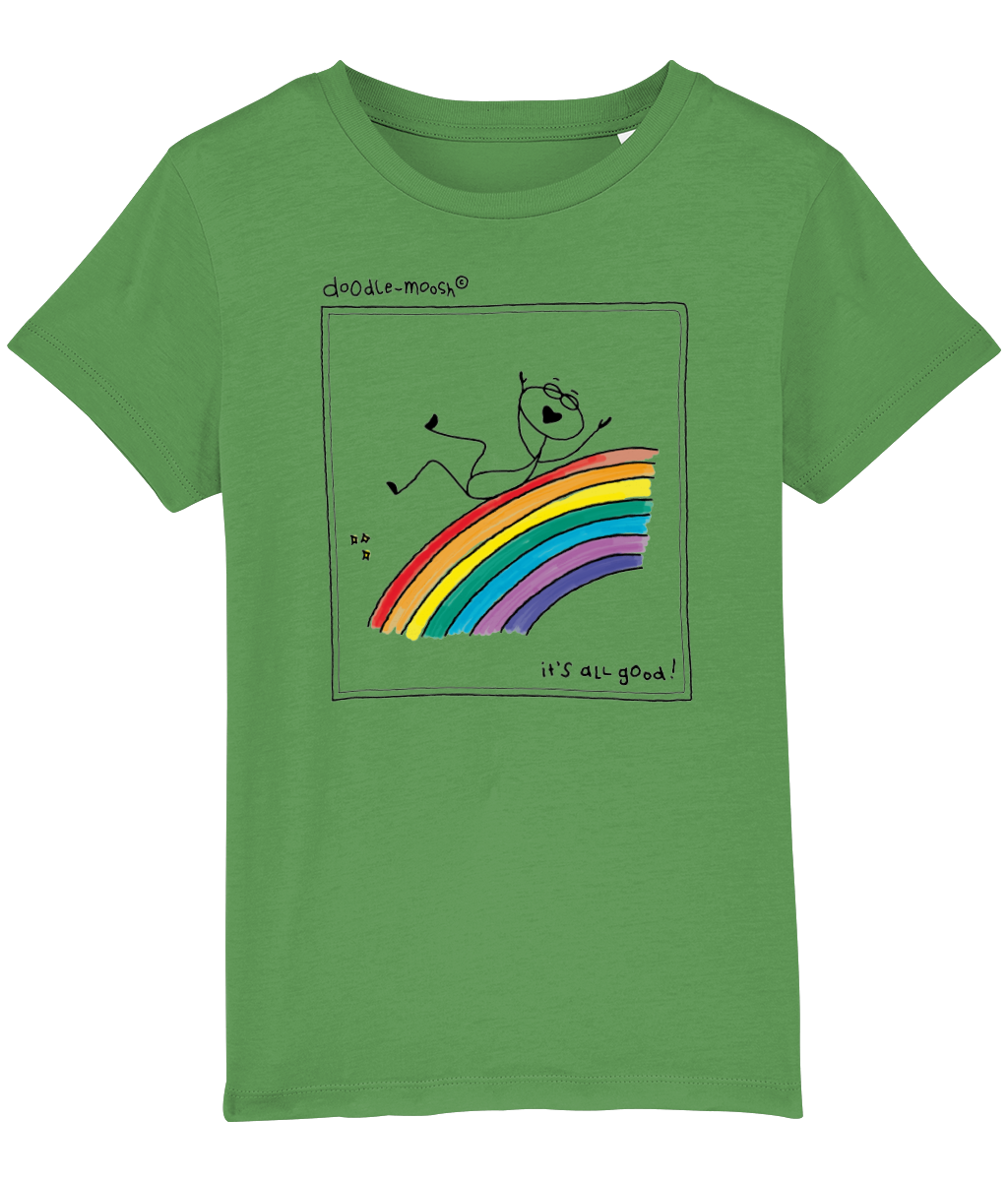 it's all good t-shirt, green with black, colored rainbow
