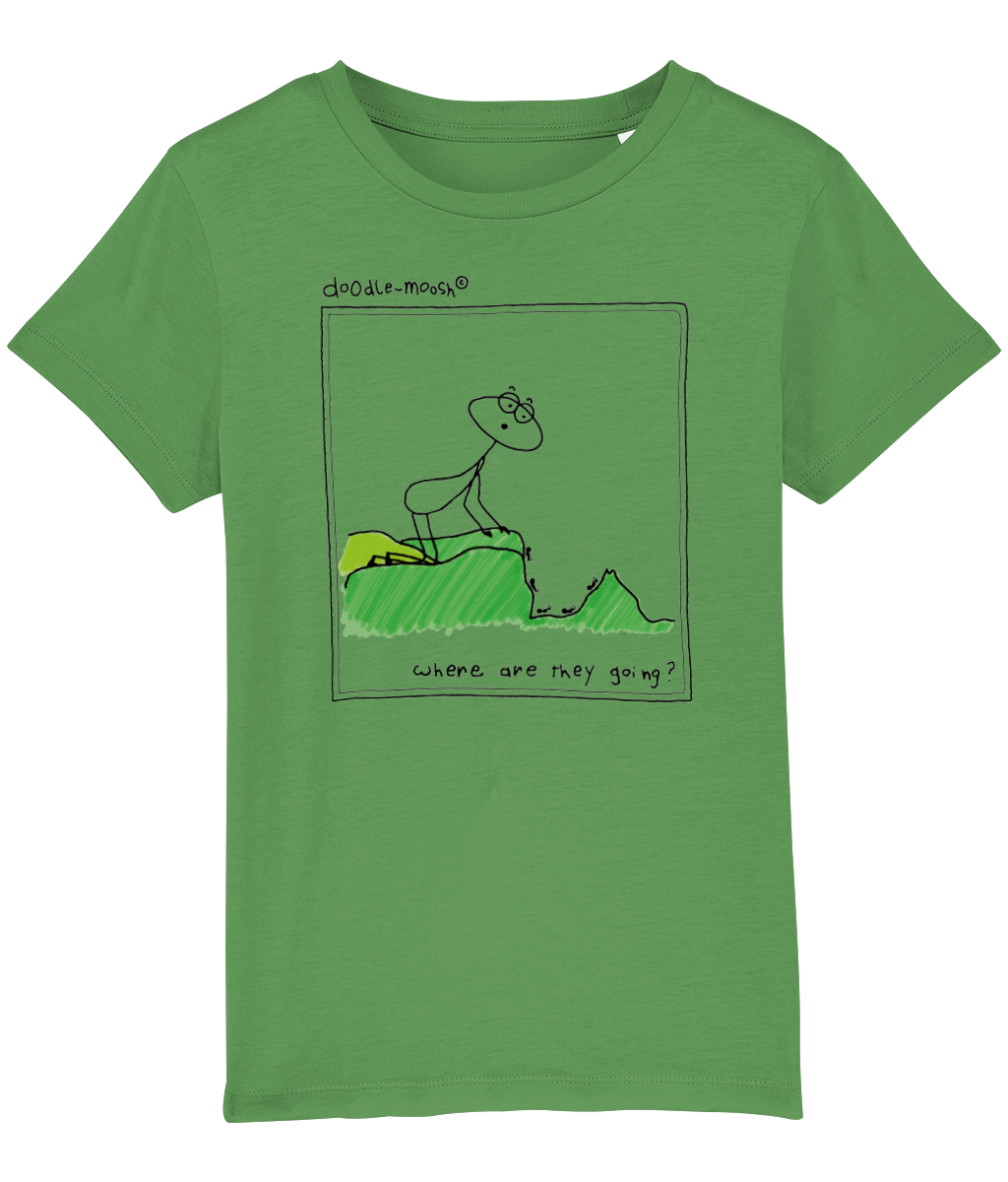 Where are they going t-shirt, green with black, colourful drawing