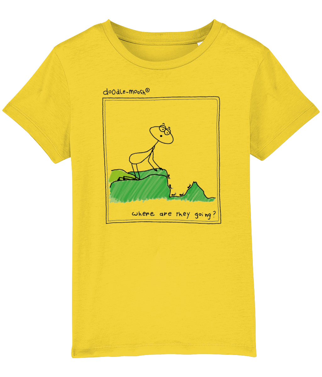 Where are they going t-shirt, yellow with black, colourful drawing