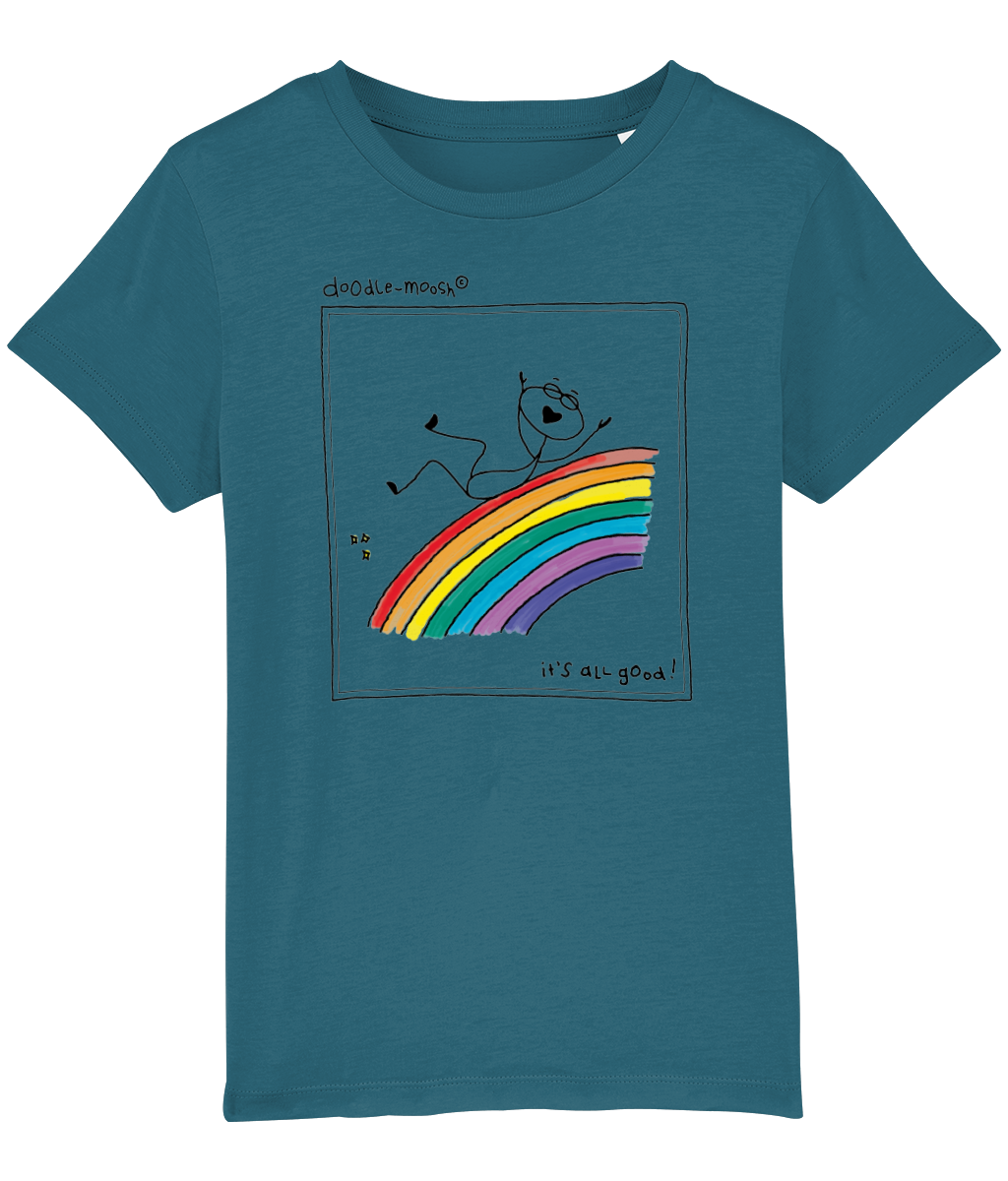 it's all good t-shirt, blue with black, colored rainbow